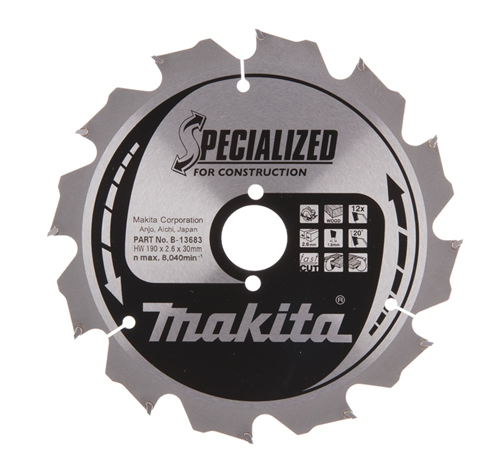 Cirkelzaagblad Hm Makita - 190X2.6X30MM 12T FTG
