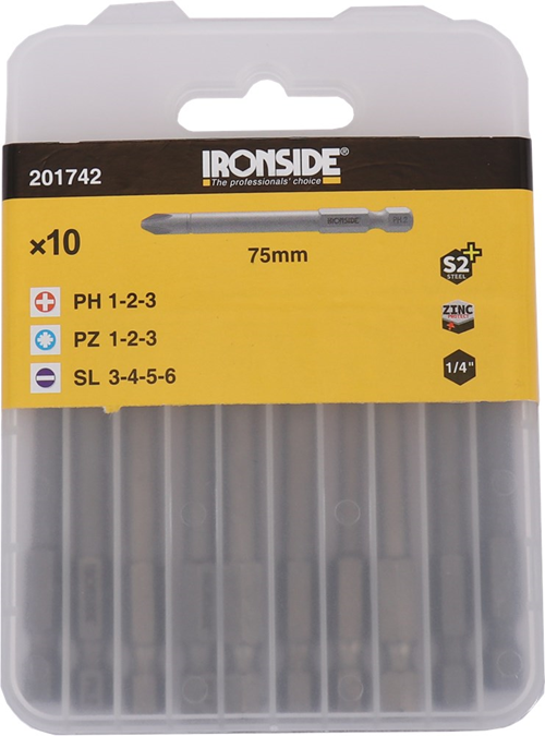 Schroefbitset Lang Ironside - 10-DELIG PH/PZ/SL 75MM Schroefbitset Lang Ironside - 10-DELIG PH/PZ/SL 75MM
